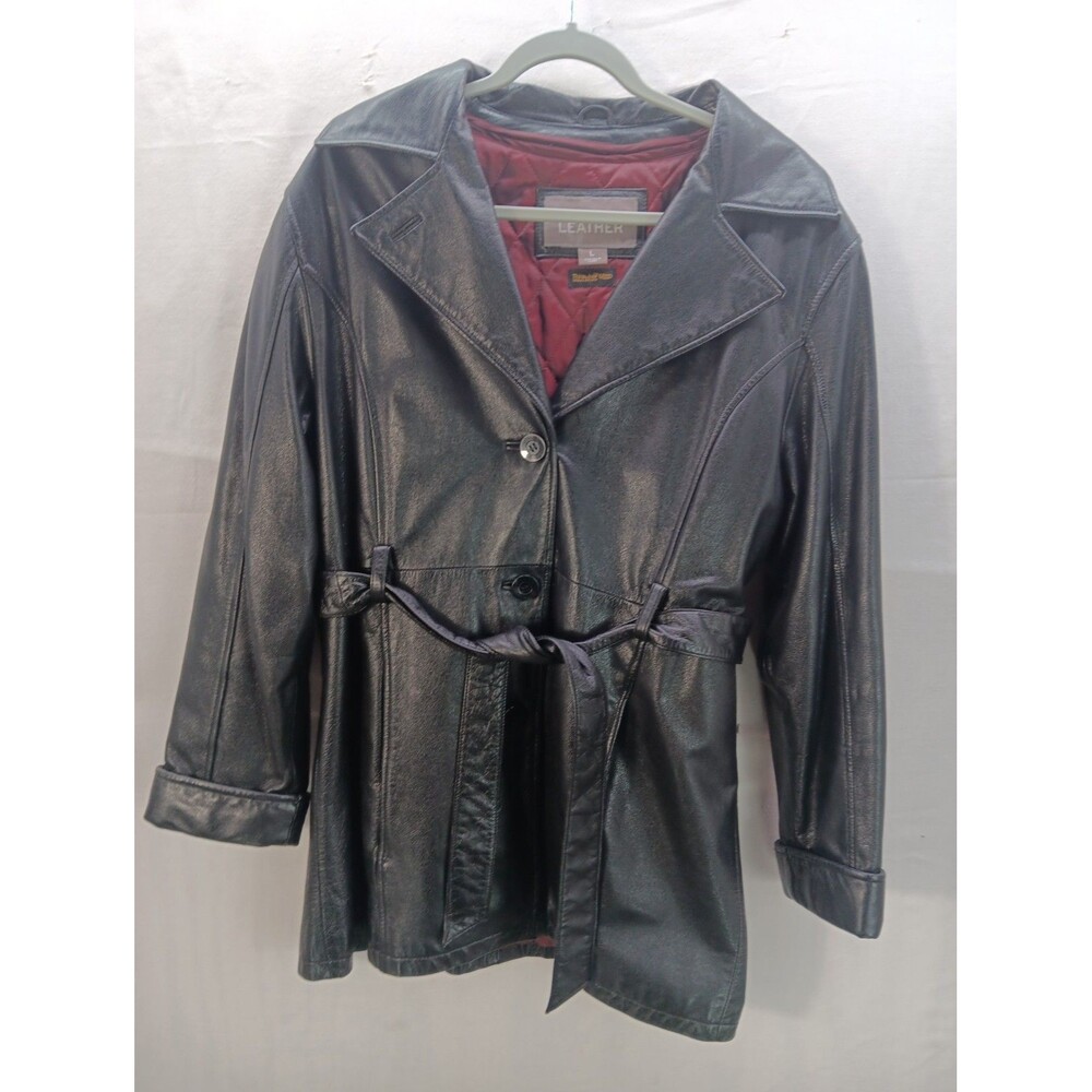 Wilsons Leather Womens Large Black Lambskin Belted Long Jacket Coat